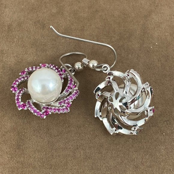 10MM Natural Fresh Water Pearls with Halo Set Rubies set in 925 Silver Earrings - Picture 5 of 5